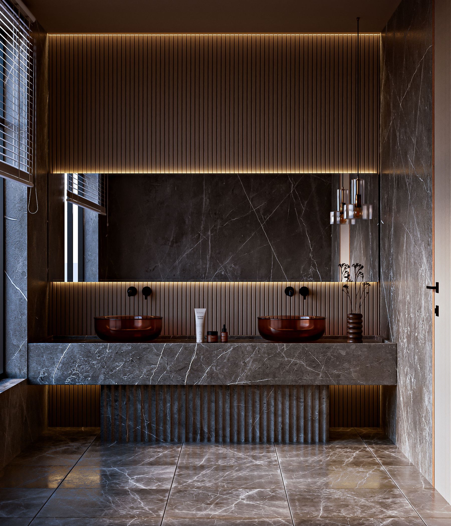 Modern bathroom with marble surfaces